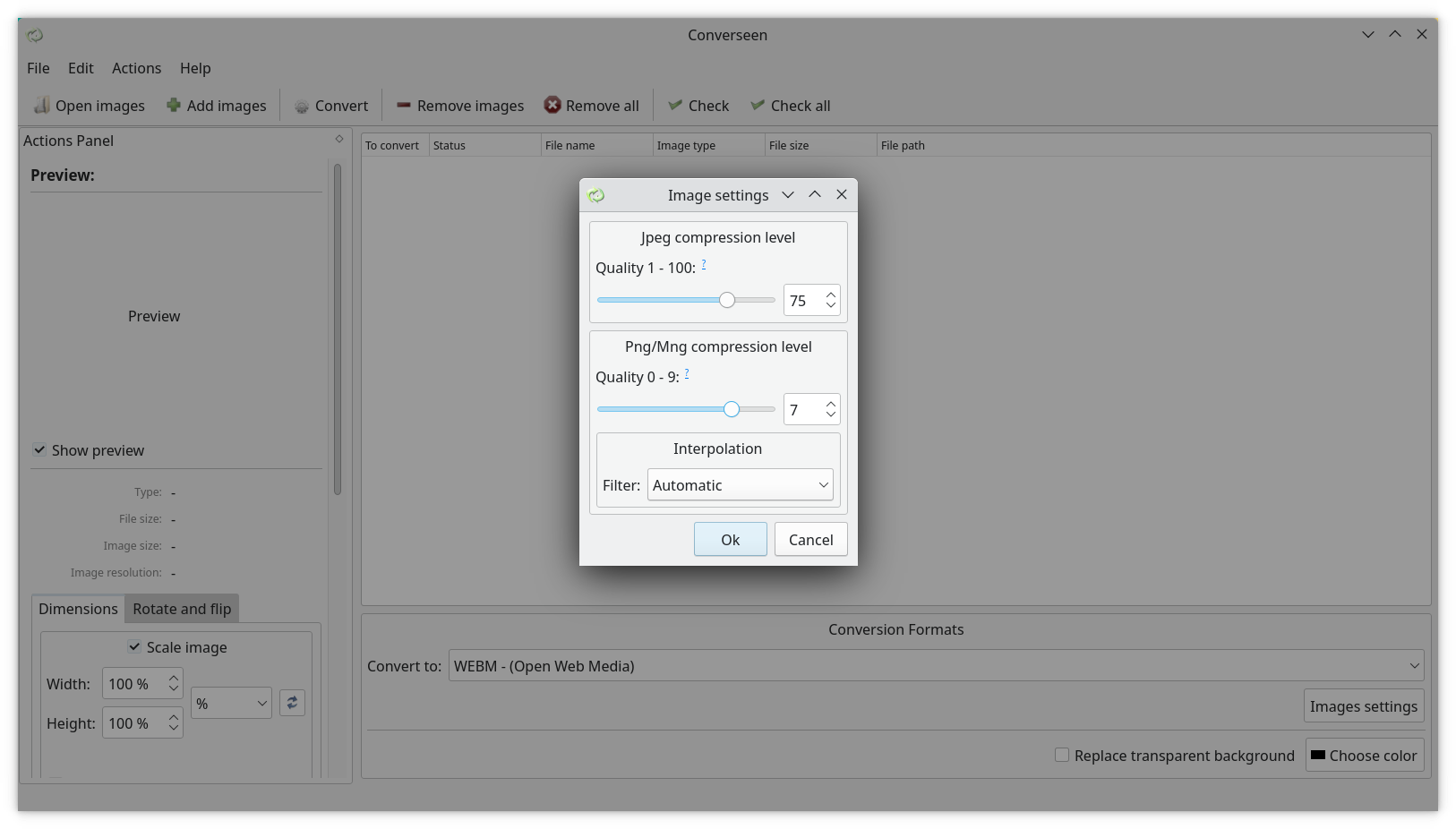 Converseen 0.9.9.6 compression/quality settings